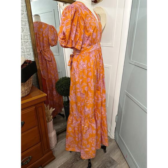 XiRENA Larkyn Cotton Maxi Dress Plunge V-Neck Puff Sleeve Size Medium Orange - Picture 6 of 11
